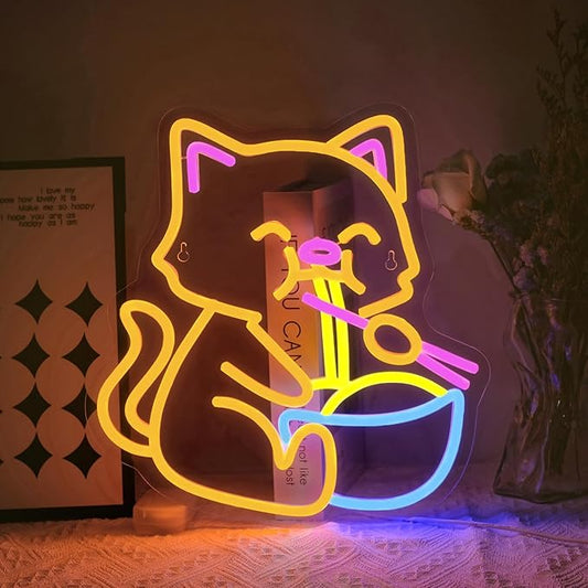 Cat Ramen Neon Sign for Wall Decor Dimmable Led Lights Signs Cat LED Signs for Home Bar Yellow Noodles Neon Light Room Decor for Bedroom Kitchen Restaurant Gift USB Powered