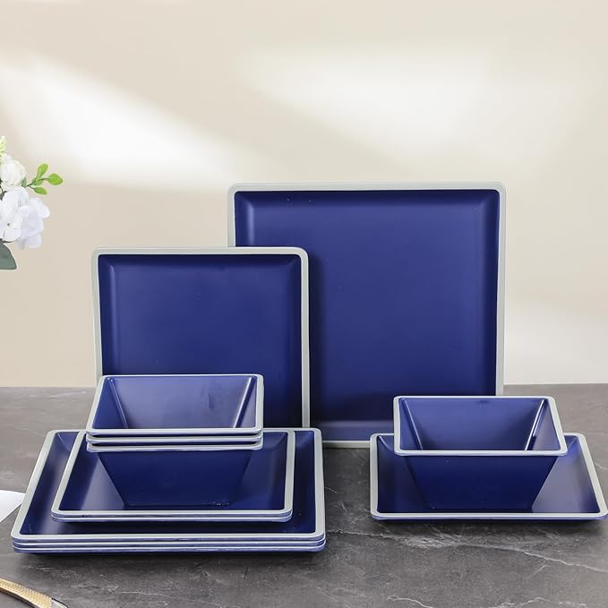 Square Melamine Dinnerware Sets， Durable Square Dinner Plates and Bowls Set,12-Piece Set Non-breakable Lightweight Dinner Tableware Sets, Service for 4