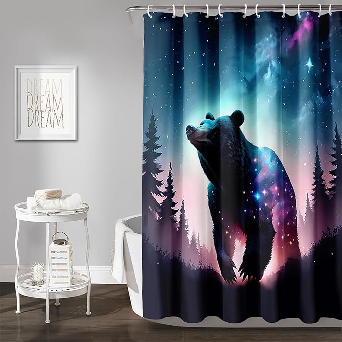 AILONEN 3D Bear Shower Curtain for Bathroom,Evening Starry Black Bear Printed Bath Curtain,Forest Wildlife Decoration Shower Curtain Waterproof 72" W*78" H