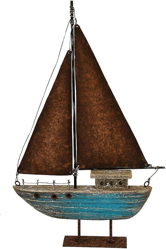 Rustic Wood Sailboat Decor Tabletop Nautical Decor, Wooden Sailboat Nautical Decoration Beach Themed Decoration Coastal Decor Sailboat Decoration for Home Mediterranean Decor (Blue)
