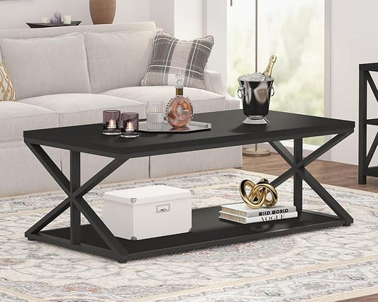 Modern Coffee Table with Storage, Farmhouse Living Room Table, Minimalist Rectangle Center Table, Industrial Vintage Wood Tea Table, 47 Inch, Black Oak