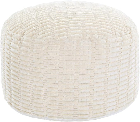 HOMBYS Unstuffed Ottoman Pouf Cover,Round Faux Fur Foot Stool, Fuzzy Chair, Floor Bean Bag(No Filler),Foot Rest with Storage for Living Room, Bedroom, Office, Striped Tufted (Beige)