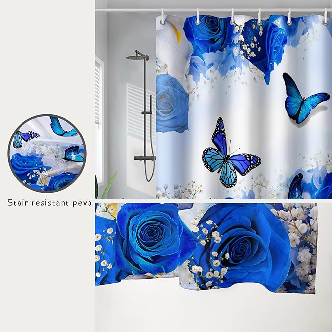AILONEN Butterfly Shower Curtain for Girl Women,Blue Rose Shower Curtain Butterfly Floral Decor Bath Curtain 48" W*72" H Polyester Fabric Waterproof Bathroom Bathtub Curtain with 12 Hooks