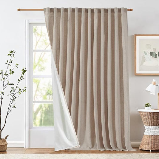 jinchan Taupe Lined Linen Blend Curtain for Sliding Door 96 Inch Length 1 Panel for Living Room, 100 Inch Extra Wide Drape with Rod Pocket Back Tab(100W x 96L, Taupe)