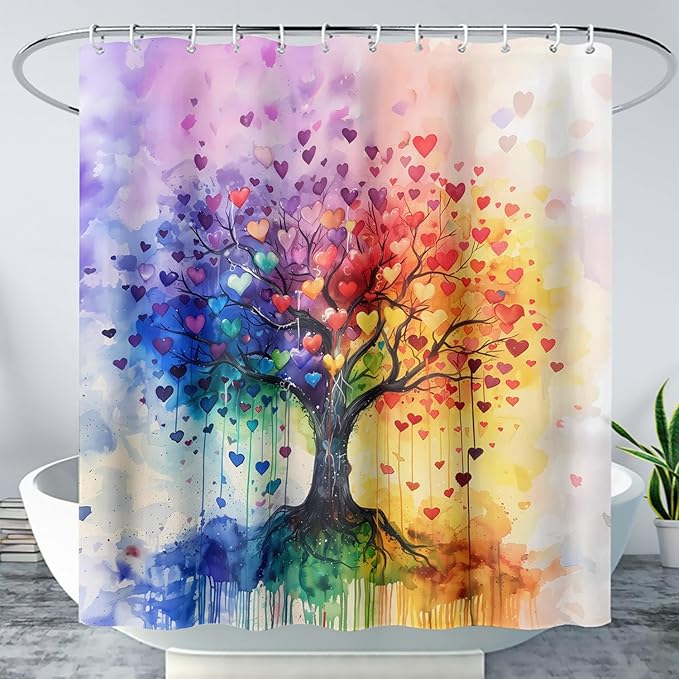 AILONEN Tree of Life Shower Curtain for Bathroom,Watercolor Hearts Tree Printed Waterproof Bath Curtain,Colorful Tree Leaves of Life Abstract Boho Shower Curtain 36" W x 72" H