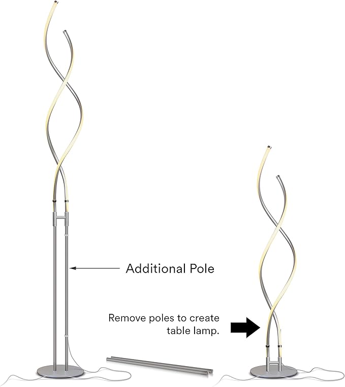 Brightech Embrace Dimmable LED Floor Lamp – Modern Spiral Adjustable Standing Lamp for Living Rooms & Offices – 2-in-1 Tall End Table Lamp for Bedroom Reading - Silver