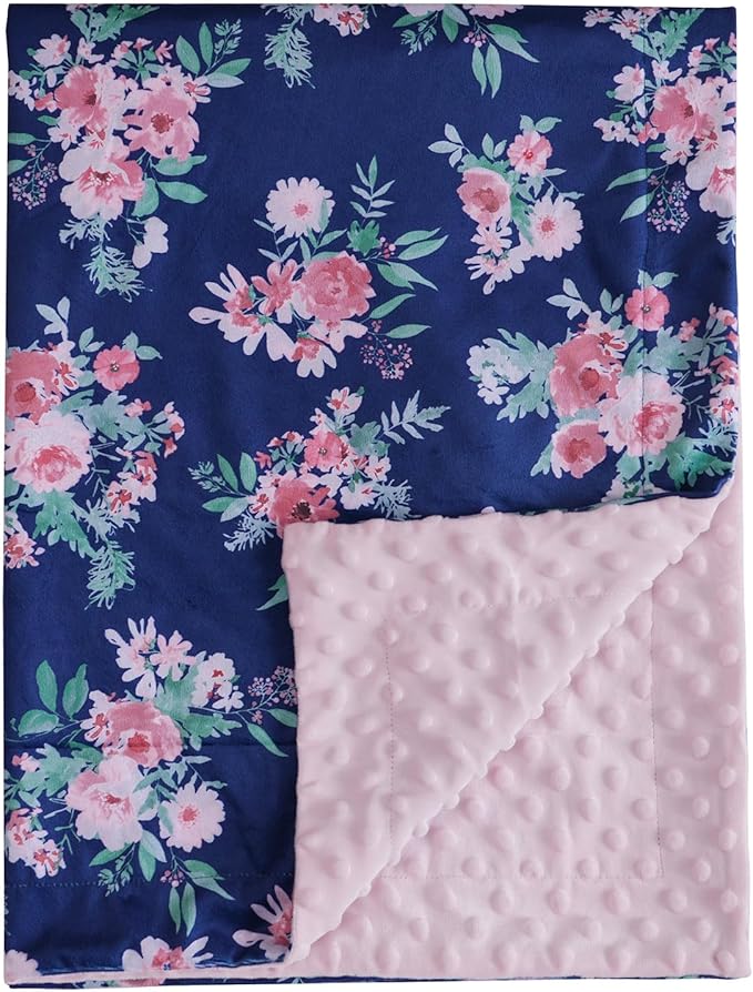 Minky Baby Blanket for Girls, 40x50 Inches Soft Lightweight Micro Fleece Baby Blanket with Double Layer, Dotted Backing, Breathable Receiving Blanket for Newborns, Navy Floral