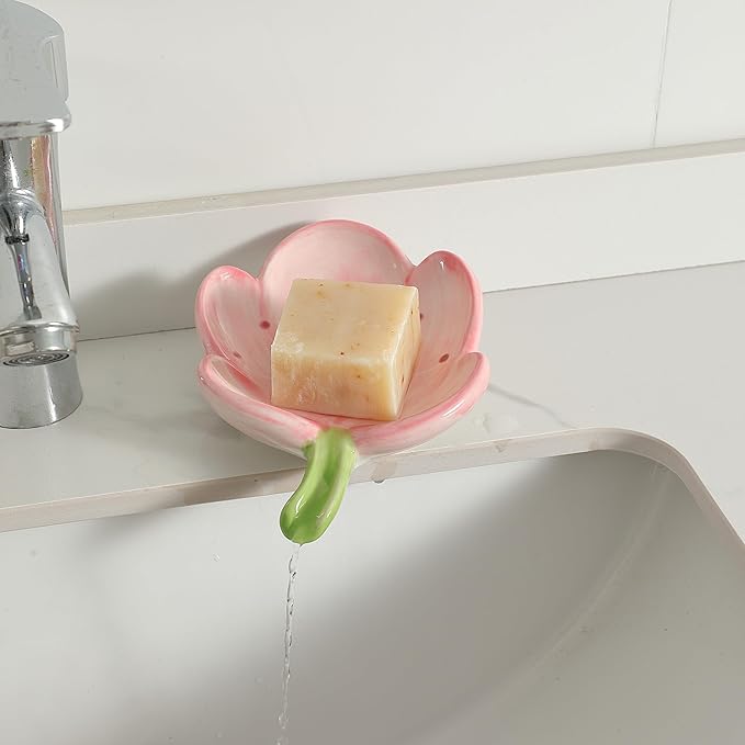 Ankah Decorative Ceramic Soap Box, Flower Shape Soap Dish, Self-Draining to Keep Dry Stop Mushy Soap Holder, Easy Cleaning, Best for Shower Bathroom and Kitchen (Tulip, Pink)