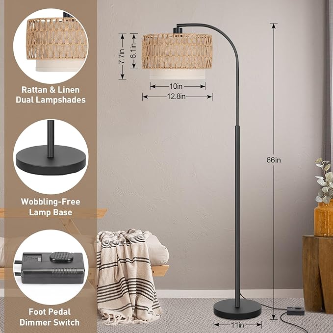 Arc Floor Lamp Black, Boho Floor Lamps for Living Room, Dimmable Standing Tall Lamps with Rattan Fabric Shade, Modern Floor Lamp Farmhouse Bohemian Light for Bedroom, Office, 9W LED Bulb Included