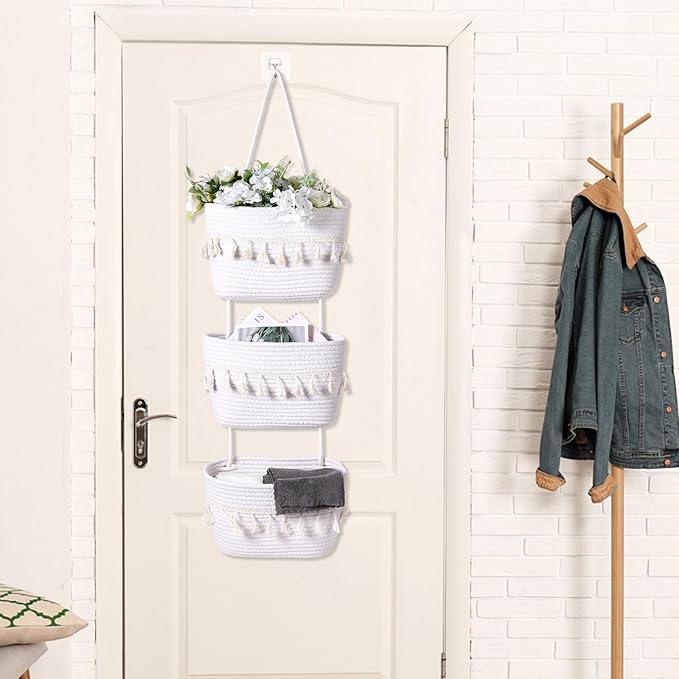 Over the Door Hanging Basket Boho Woven Wall Hanging Baskets 3-Tier Cotton Wall Mounted Storage Organizer Bag Macrame Decorative Hanging Baskets for Kitchen Laundry Room Stairs(White)