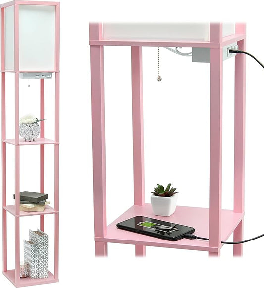 Simple Designs LF1037-LPK Floor Lamp Etagere Organizer Storage Shelf with 2 USB Charging Ports, 1 Charging Outlet and Linen Shade, Light Pink