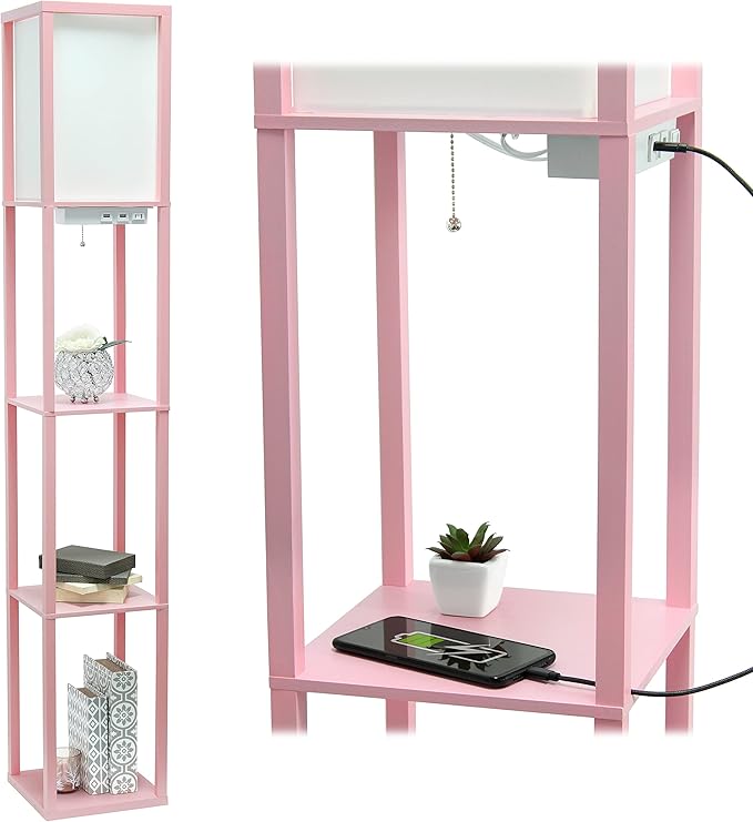 Simple Designs LF1037-LPK-LB Three Shelf Etagere Organizer Storage Floor Lamp with 2 Dual USB Ports and Charging Outlet, Light Pink, with Feit LED Bulb Included