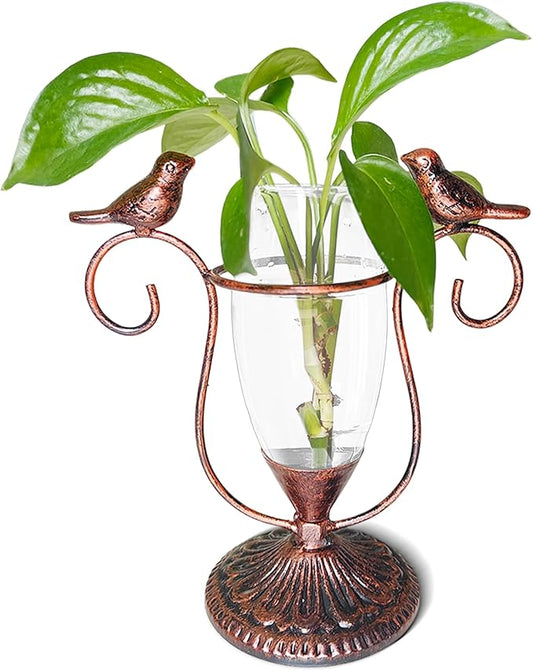 POXOH Vintage Glass Planter - Metal & Glass Propagation Vase with Dual Birds Art, Retro Indoor Planter for Hydroponic Plants, Office Desk Decor, Living Room Centerpiece