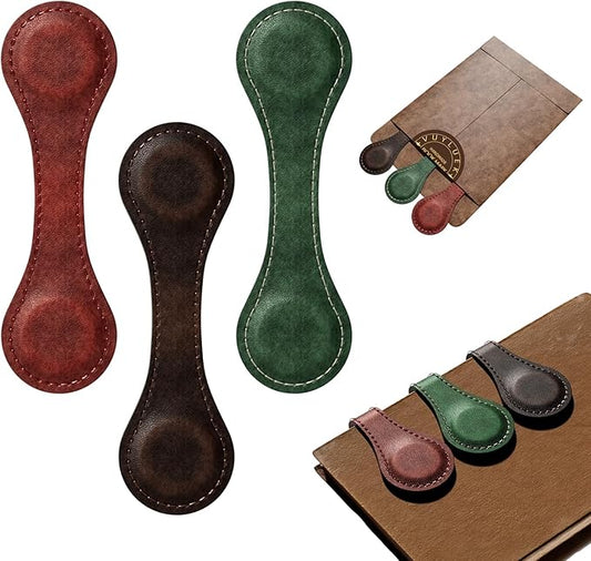 Set of 3 Magnetic Bookmarks, Vintage Genuine Leather Book Marks for Reading, Magnetic Page Clips Book Markers, Best Gift for Book Lovers Reading Men Women Teachers Students(Burgundy+Green+Coffee)