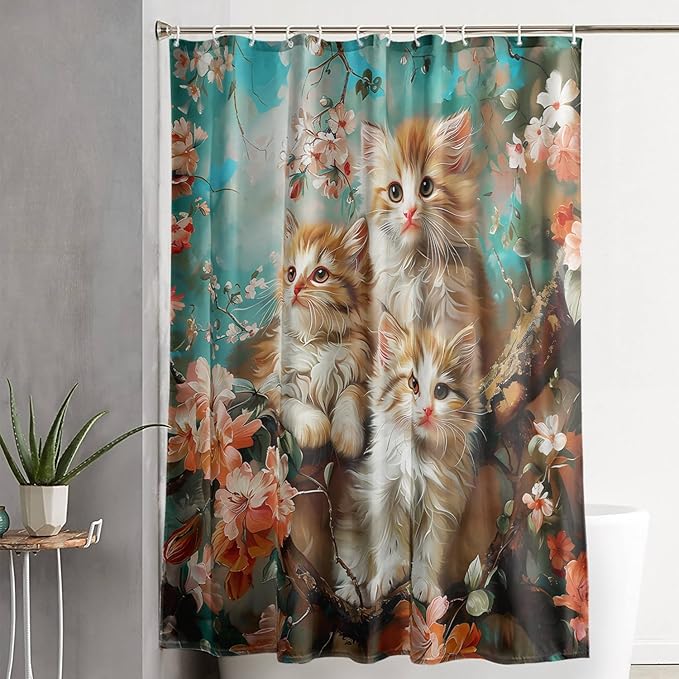 AILONEN 3D Kawaii Cat Shower Curtain Set,Cat Lovers Animal Waterproof Fabric Bath Curtain for Kids Girls Boys,Pink Cherry Blossom Shower Curtains for Bathroom Decor, 36" W*72" H