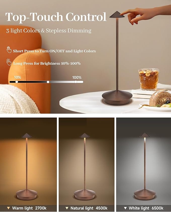 Portable Cordless Table Lamp Modern Led Desk Lamp Rechargeable 2 Pack, 6000mAh Battery Table Light for Dinning Patio Bedroom Camping Coffee shop Restaurant, IP54 Waterproof, Dimmable 3 Light Color