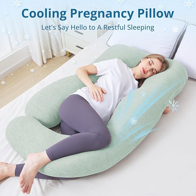 Sasttie Pregnancy Pillow Cooling, Cooling Pregnancy Pillow for Sleeping, Cooling Maternity Pillows for Pregnant Women, Pregnancy Must Haves U-Shaped Full Body Pillow with Cooling Cover, Green