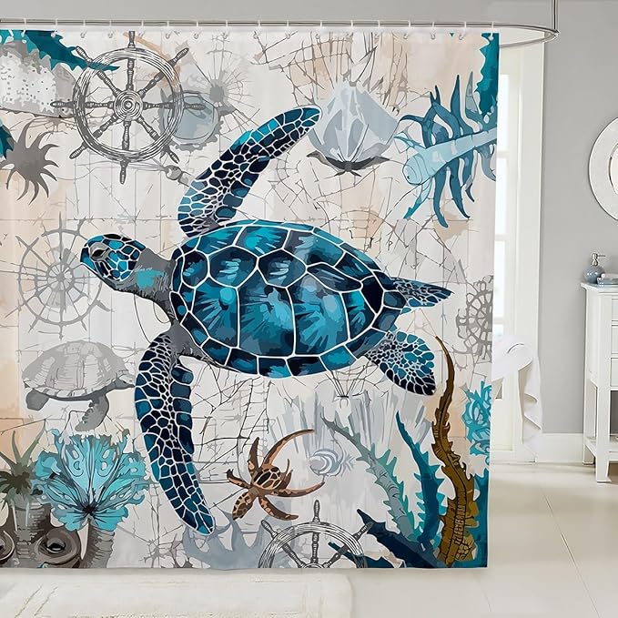 Feelyou Sea Turtle Shower Curtain Ocean Sailboat Compass Fabric Shower Curtain for Kids Boys Girls Nautical Theme Bathroom Waterproof Accessories with 12 Hooks Ocean Creature Curtains,72x72 Inches