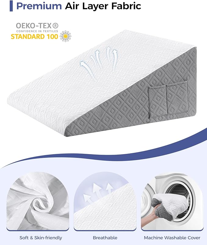 Wedge Pillow for Sleeping, 12"Bed Wedge Pillow for Acid Reflux Relief,Snoring,Back Pain Relief,Leg elevation,Post Surgery,GEL Infused Memory Foam Top Triangle Pillow Wedge with Breathable Cover