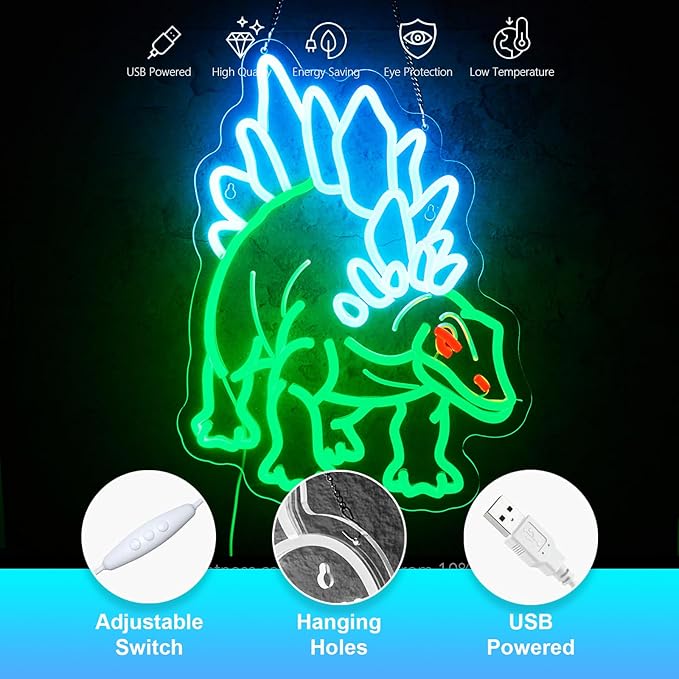 Dinosaur Neon Sign Stegosaur Neon Sign for Wall Decor Dino USB Dimmable Neon Light Sign for Boys Girls Room Gameroom Holiday Birthday Christmas Gift