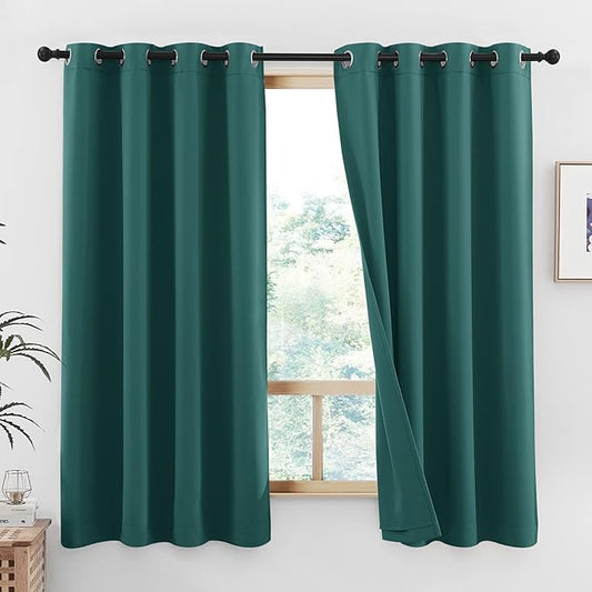 NICETOWN 100% Blackout Curtains with Same Color Liners, Thermal Insulated 2-Layer Lined Drapes, Room Warming Small Window Draperies for Bathroom (Emerald Green, 2 Panels, 52 inches W by 54 inches L)