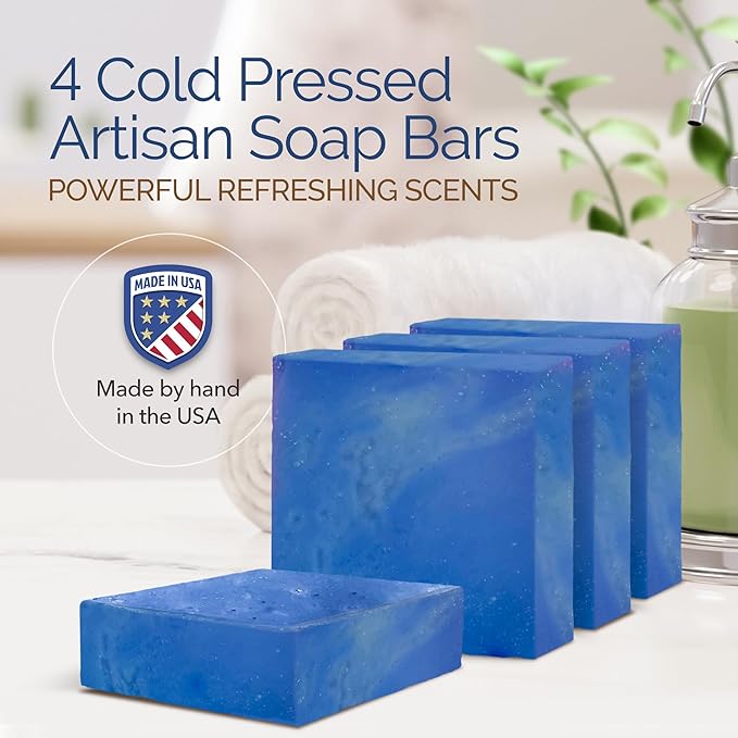 Handmade Natural Bar Soap Gift Set - 100% All Organic Vegan Bath Moisturizing Handmade Artisan Scented Cold Process Fragrant Soaps with Essential Oil - 4 Pack (Cool Water)