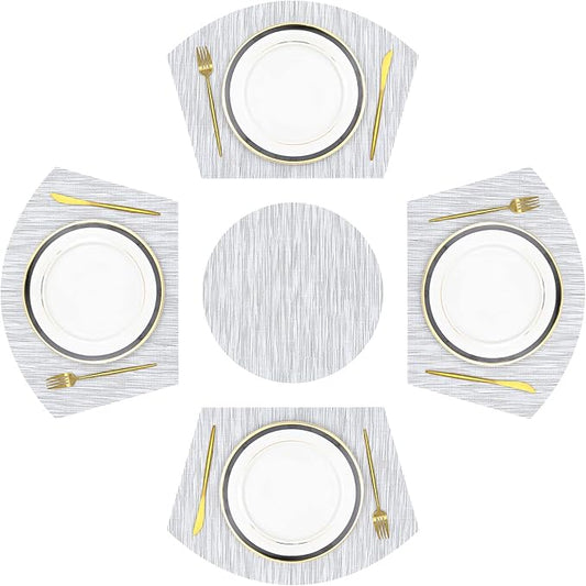 SHACOS Large Size Wedge Placemats with Centerpiece Round Mat Set of 5 Round Table Place Mats Washable Dining Table Placemats Reversible, Gray White