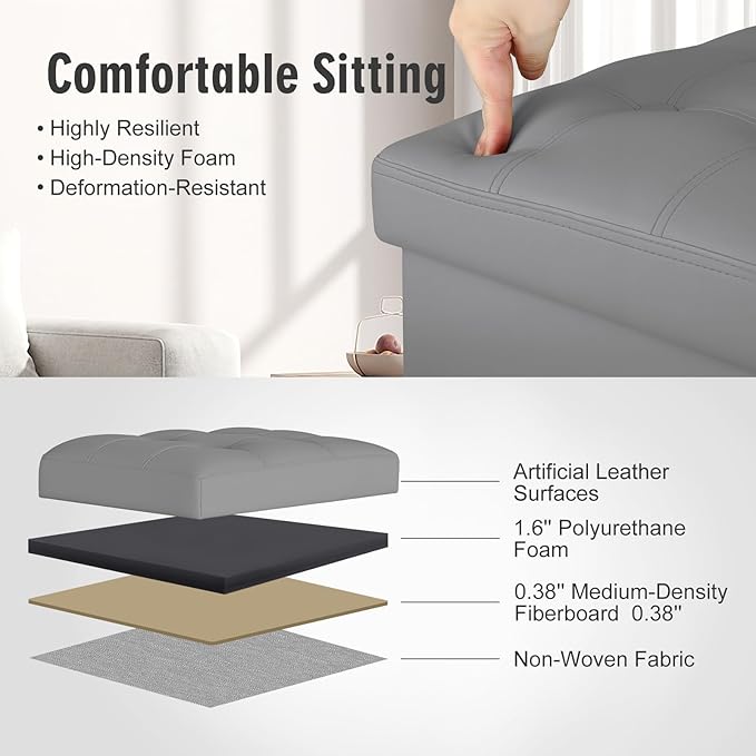 Ottoman with Storage, Ottoman Foot Rest Stool with Handles & Side Pocket. Folding Leather Storage Bench with Thicker Foam Padded Seat. Slim Tall Ottomans for Living Room 350lbs, 17x13x17in, Grey
