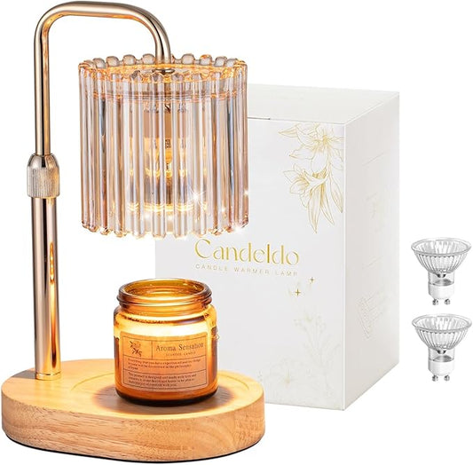 Candle Warmer Lamp with Timer: Gold Candle Warming Lamp with 2 Bulbs Height Adjustable Wax Melt Warmer Dimmable Modern Bedroom Decor Gift for Women