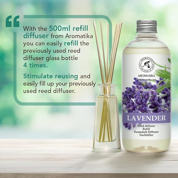 Lavender Reed Diffuser Refill 17 Fl Oz - 500ml - Lavanda Refill - Wardrobe Freshener - Home Fragrance Oil - Air Freshener - Aromatherapy - Essential Lavender Oil Diffuser - Diffuser Refill