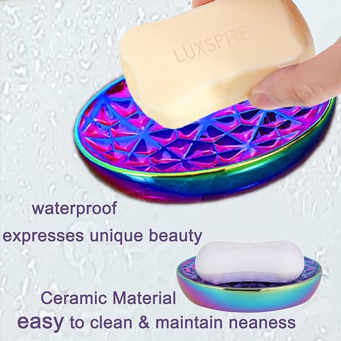 Soap Dish, Ceramic Soap Tray Soap Holder Container Box, Colorful Diamond Oval Soap Plate Case, Sponge Dish Scrubbers Tray Holder for Bathroom Vanity Shower Kitchen Sink Counter Top,Easy Clean