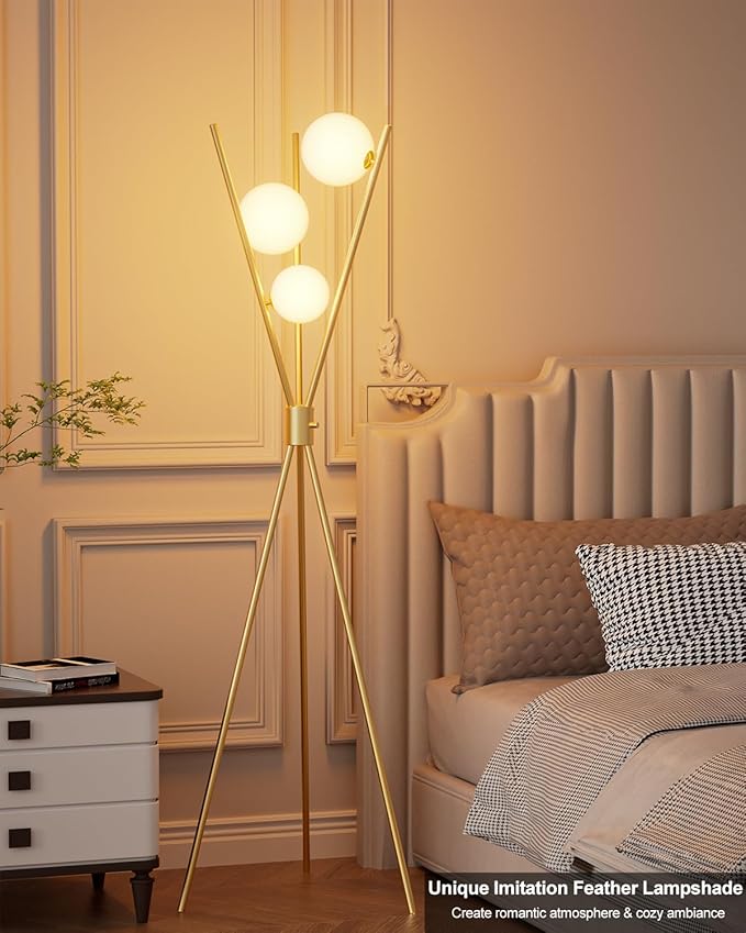 3 Globe Dimmable Tripod Floor Lamp, Mid Century Standing Lamps with 3Pcs 3000K Bulbs Included, Modern Tall Lamp for Living Room Bedroom Office-Gold