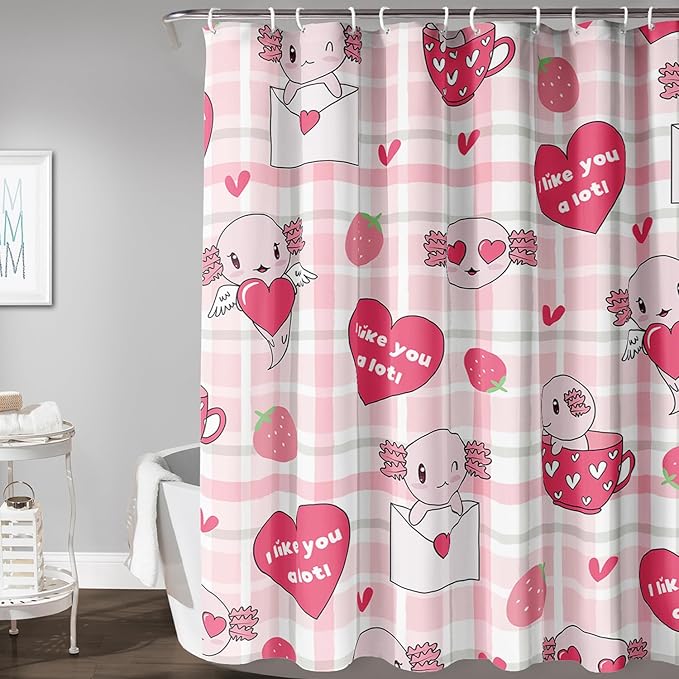 AILONEN Axolotl Shower Curtain Pink Love Hearts Print Bath Curtain Girls Women Adults Strawberry Grid Shower Curtain 60" W*72" H Bathroom Curtain Decor Polyester Waterproof Curtain with 12 Hooks
