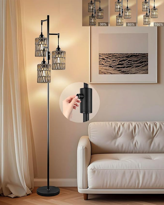 Lightdot 67" Dimmable Floor Lamp for Living Room, Industrial 3-Light Tree Floor Lamp with Black Rattan Cages, Bohemian Tall Standing Lamps, Modern Floor Lighting for Bedroom Office, E26 Base