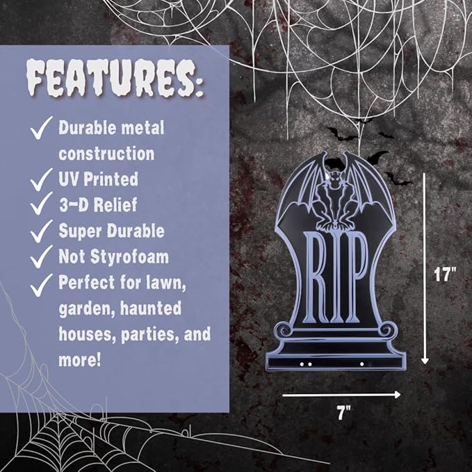 3-D Metal Halloween Ghost Cemetery XL 17" Tombstone w Stakes -RIP- Durable, Rustproof, UV Raised Printing-Upgrade Your Haunted House Mansion w Cemetary Lawn Decor-No More Flimsy Foam Graveyards
