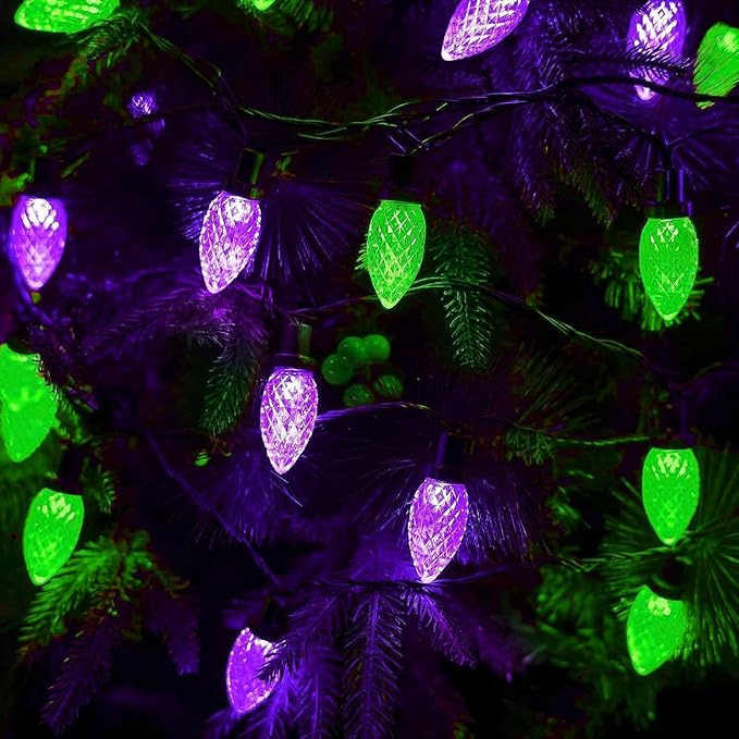 KAQ 2PK 100LED Purple and Green C9 Halloween Lights Waterproof Indoor Outdoor, Extendable 98FT String Lights Plug in with 13 Lighting Modes, Halloween Decorations for Party Patio, Outside Yard Decor