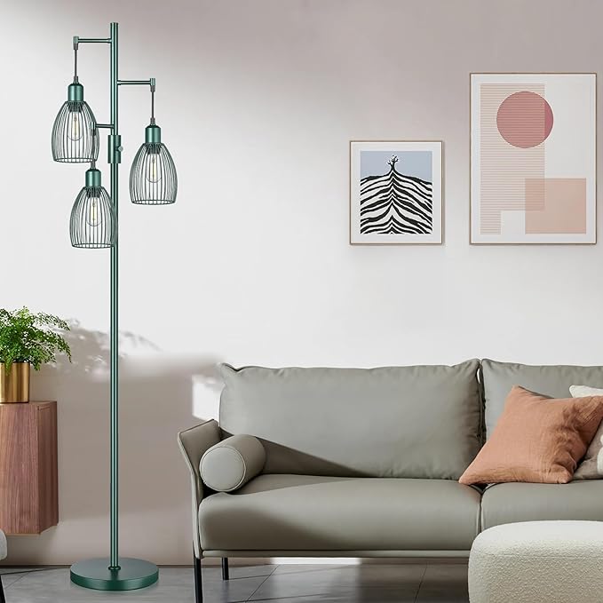 Dimmable Industrial Floor Lamps for Living Room, Green Tree Standing Tall Lamps with 3 Elegant Teardrop Cage Head & 800 Lumens LED Bulbs for Bedroom Office