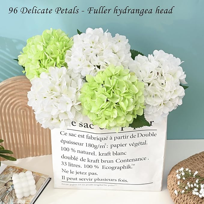 BLEUM CADE 8 Pcs Hydrangea Artificial Flowers with Realistic Stems, 18In Large Fake Flowers, Faux Flower for Home Party Decor Outdoor Wedding Bouquets Table Centerpieces Decoration,White Green