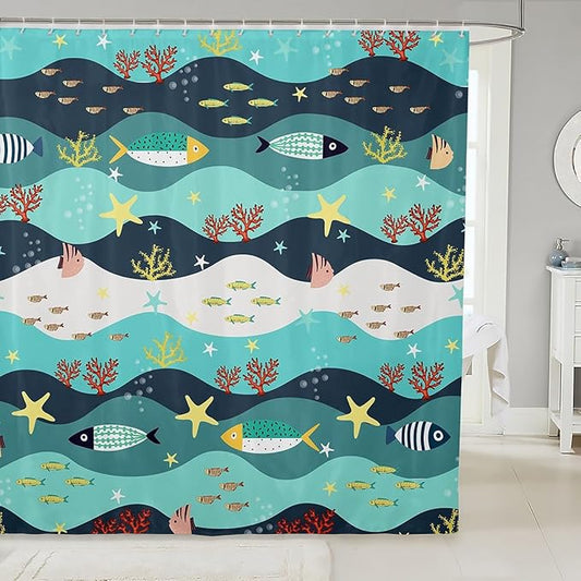 Feelyou Cartoon Fish Shower Curtain 72"x72" Kids Marine Life Sea Bathroom Shower Curtain Set for Boys Girls Teens Ocean Marine Themed Bath Curtain Summer Sea Starfish Bathroom Accessories