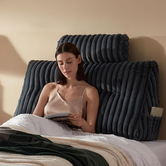 Faux Fur Headboard Pillow with 2 Pack Neck Roll Pillow Large Headboard Pillow Soft and Supportive with Removable Cover (Grey, Twin)