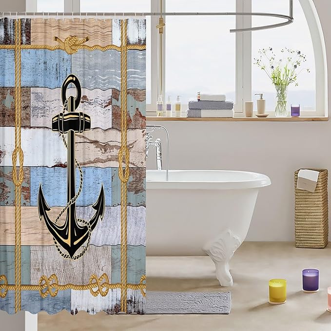 Feelyou Anchor Nautical Shower Curtain Vintage Plank Blue Brown Fabric Shower Curtain for Kids Ocean Themed Bathroom Waterproof Accessories with 12 Hooks Geometric Stripe Curtains,72X72 Inches