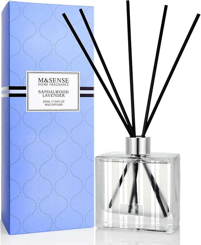 M&SENSE Sandalwood Lavender Reed Diffuser Set - 7.04oz Non-Toxic Essential Oil Diffusers with Sticks, Holiday Aromatherapy Diffusers for Bedroom & Bathroom & Shelf Decor