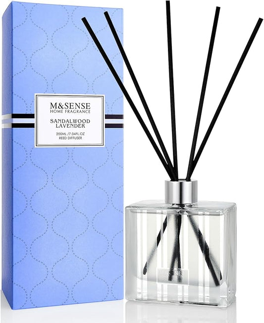M&SENSE Sandalwood Lavender Reed Diffuser Set - 7.04oz Non-Toxic Essential Oil Diffusers with Sticks, Holiday Aromatherapy Diffusers for Bedroom & Bathroom & Shelf Decor