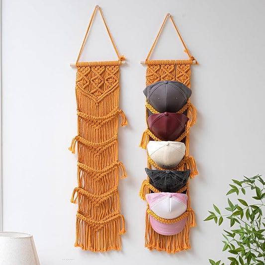 2 Pcs Baseball Cap Holder, Boho Macrame Hat Organizer for Wall, Over The Door Hat Rack for Decoration and Display Handmade Hanger for Baseball Holder up to 20 Caps(Yellow)