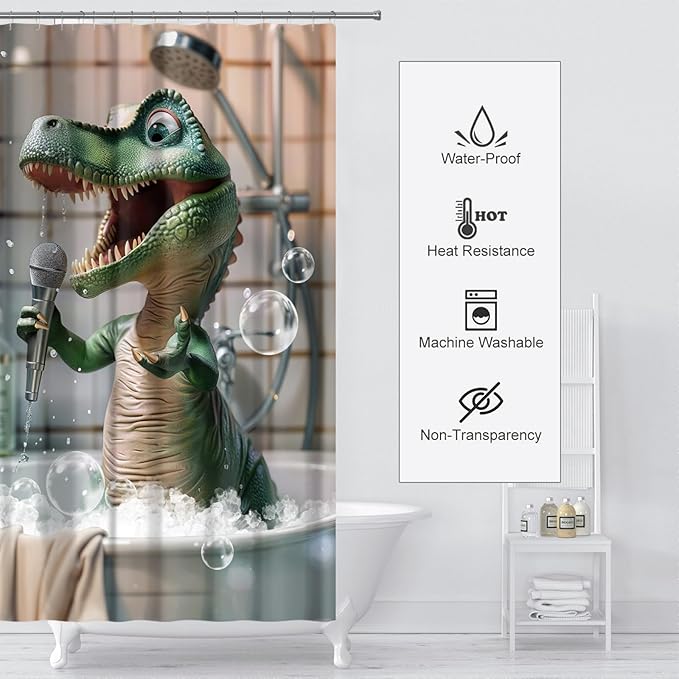 Funny Dinosaur Shower Curtain Cartoon Animal Shower Curtains for Kids Bathroom Decor Waterproof Polyester Fabric Bathroom Curtain with Hooks 66x72 Inch