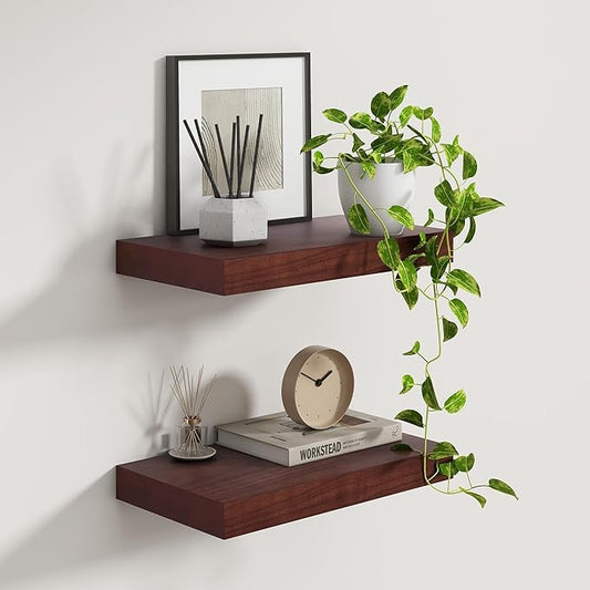 Fun Memories 9 Inch Deep Floating Shelves, Rustic Solid Wood Floating Shelf 16 Inch Long, 16 x 9 Wide Bathroom Shelves for Storage & Display, Walnut Color