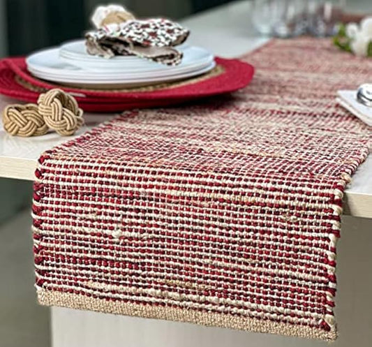 Chardin home Natural Jute Table Runner - 13x108 Inch. Rustic Farmhouse Style - Colors: Natural Jute and Red