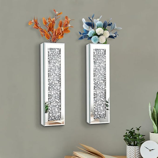 Crystal Crushed Diamond Mirrored Vase Silver Wall Flower Vase Gorgeous Decorative Glass Hanging Planter & Container for Living Room Bedroom Home Decor.Can't Hold Water(Set of 2)