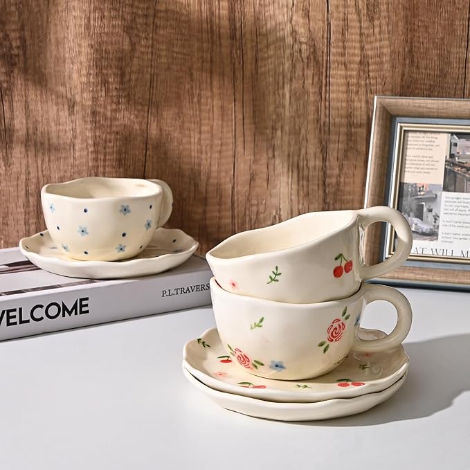 Koythin Ceramic Coffee Mug with Saucers, Handmade Flowers Mugs, Cute Cup for Girl Women, Aesthetic Tea Milk Cup with Handle, 8.5 oz/250 ml for Latte, Cocoa, Office, Home (Cherry Flower)