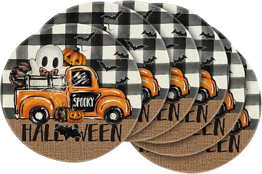 Artoid Mode Ghost Truck Halloween Round Placemats Set of 6, 14 Inch Holiday Bat Round Table Mats for Party Kitchen Dining Decoration